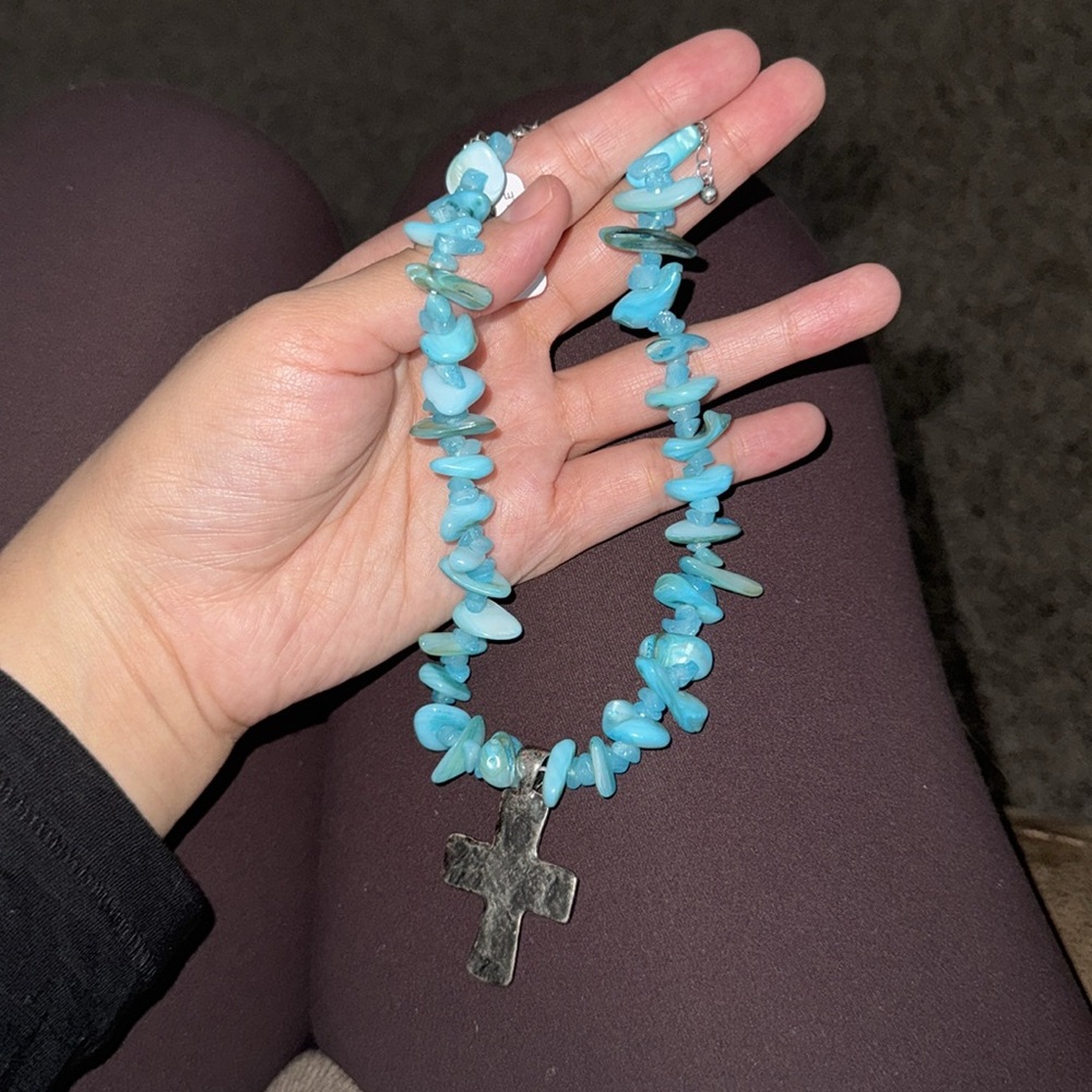 NWT free people Cross Supernova Choker necklace aqua blue - Picture 5 of 5